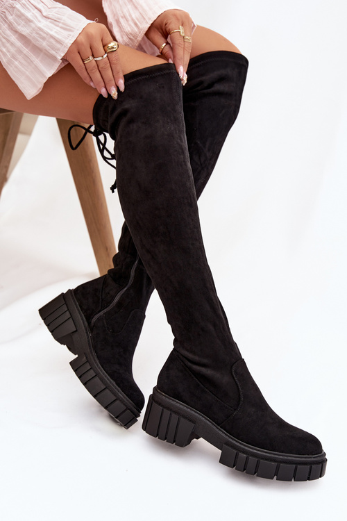 Dámske semišové topánky nad kolennou čiernou cheerou