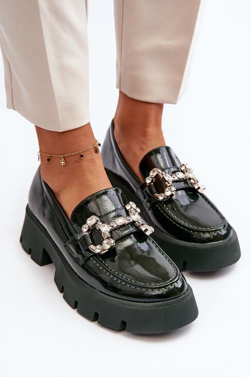 Dámske lakovane mokasíny s ozdobou tmavozelené Arsaba