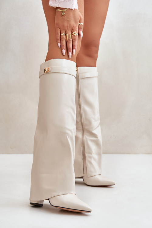 Dámské Kozačky Eko Kůže S Ohnutým Svrškem Na Podpatku Světle Béžové Avamora