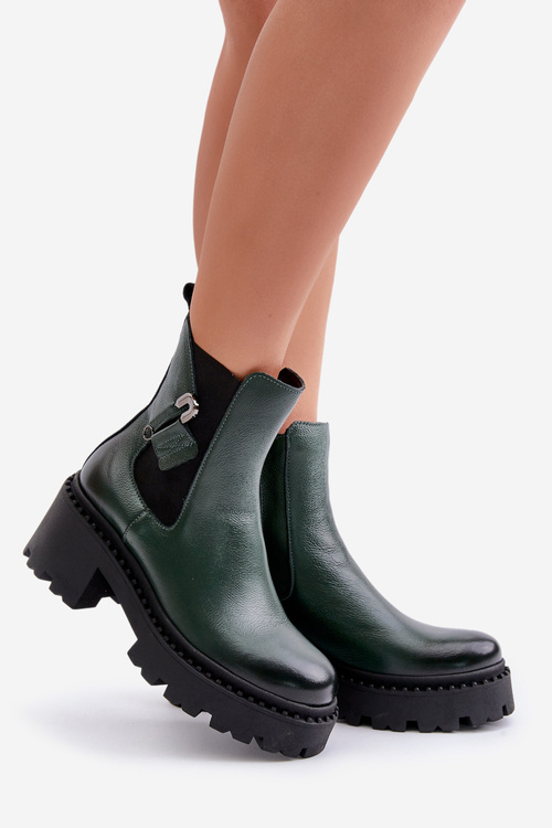 Zazoo 60490 Kožené Zateplené Čižmy S Dekoráciou Tmavozelené