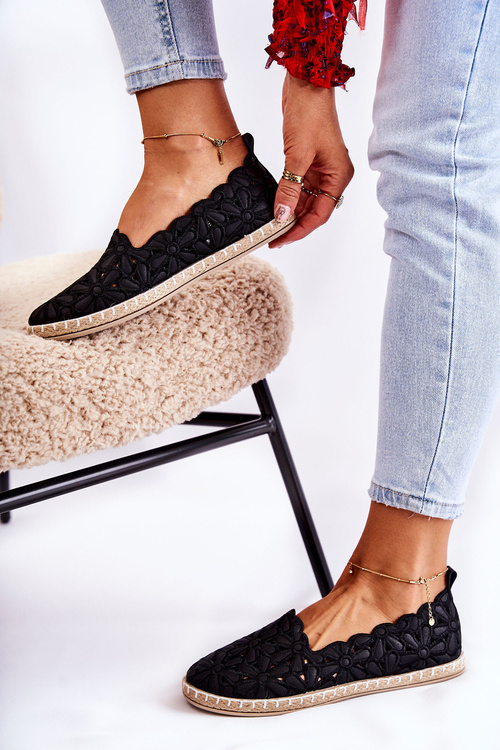 Dámské nášlapné baleríny s květinami černé Vennice