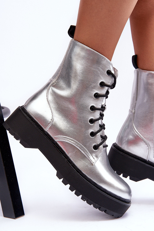 Kůže Metalické Boty Workery Stříbrné Teflorna