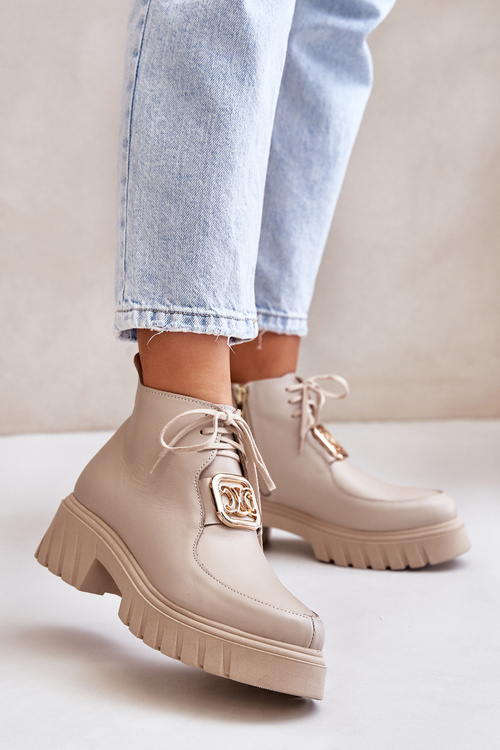 Zazoo 2952 Kožené Čižmy So Zlatou Dekoráciou Béžové