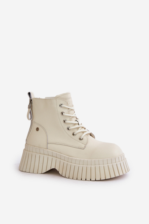 Zateplené Kožené Čižmy Na Masívnej Podošve Svetlo Béžové GOE OO2N4127