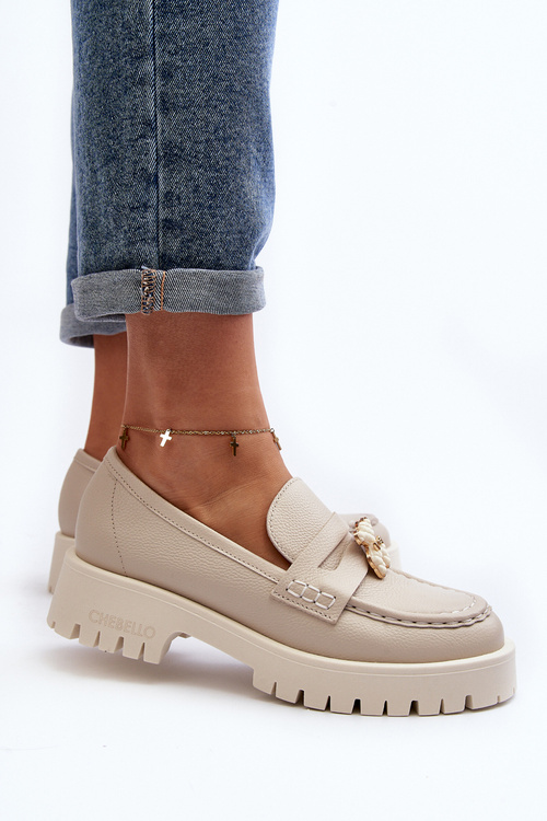 Kožené polobotky mokasíny s medvídkem CheBello 4291 světle béžové