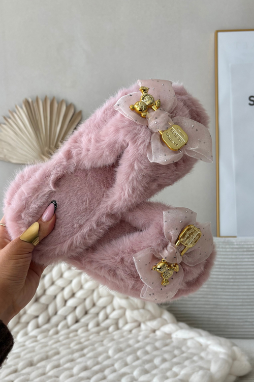 Kožešinové dámské pantofle s mašlí a zlatým ozdobou růžové Nolara