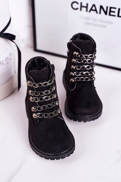 Dětské Zateplené Boty Eko Semiš řetěz Černé Rock&Roll