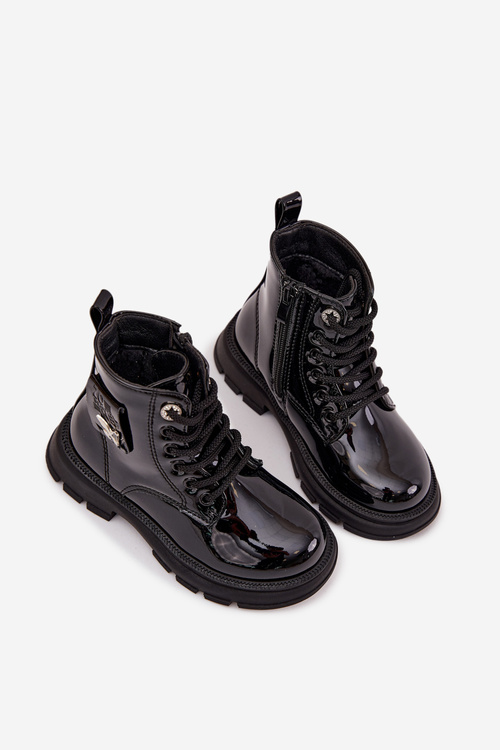 Zateplené detské čižmy na zips lakované čierne Alverina
