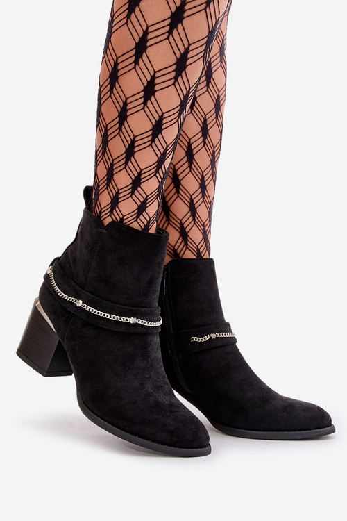 Zateplené dámské boty na podpatku s řetízkem eko semišové černé Hanalen