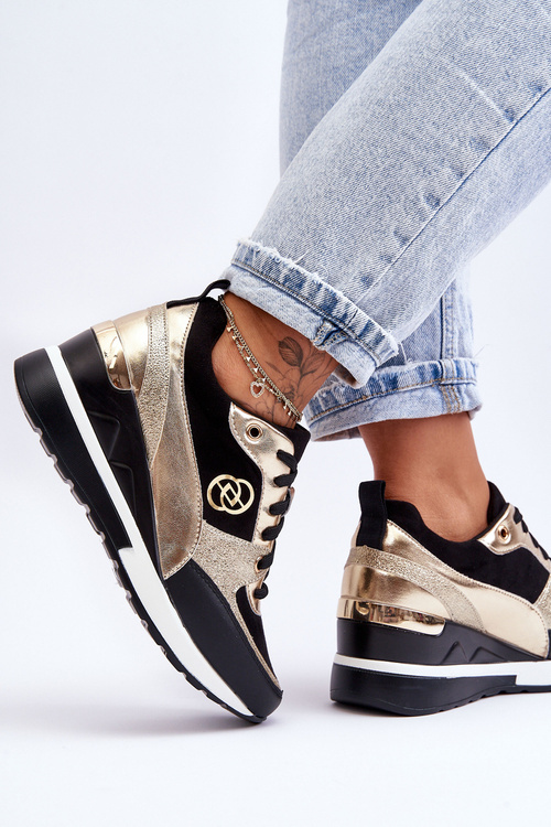 Dámské šněrovací tenisky na klínku černá a zlatá Genova