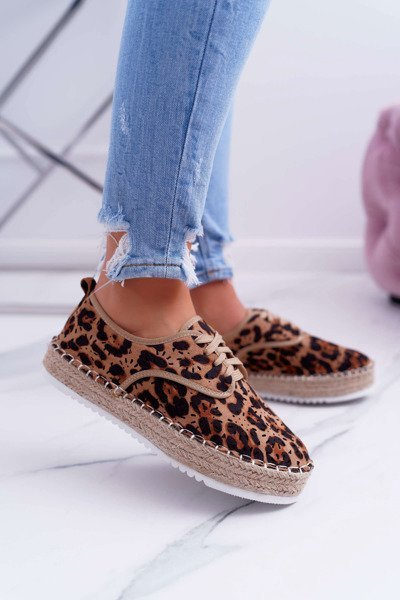 Ženské espadrilles čipky -up semišové leopardské mysyes