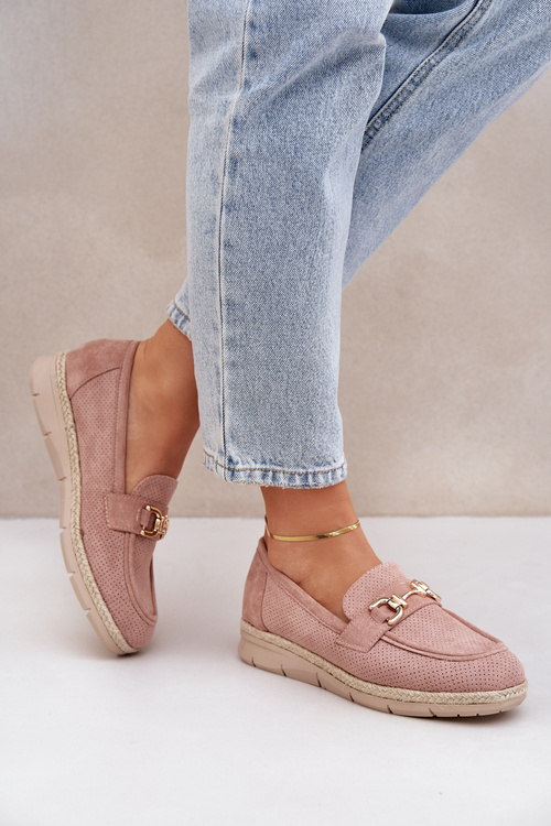 Dámské mokasíny s perforací a zlatým detailem a jutovým pletením růžové Lainer