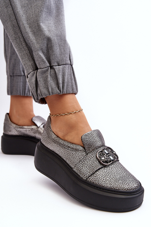 Kůže Dámské Polobotky Na Platformě S Ozdobou Laura Messi 2697/810 Stříbrné