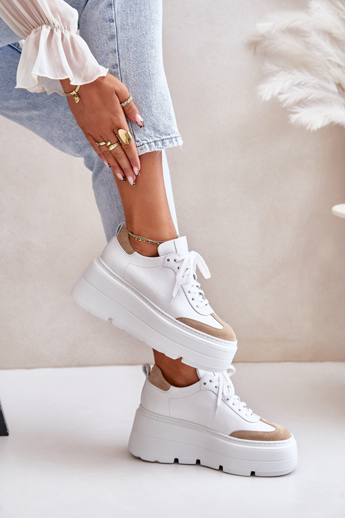 Kožené Sneakersy Na Masivní Platformě Bílá-Bežová Lewski 3635/X