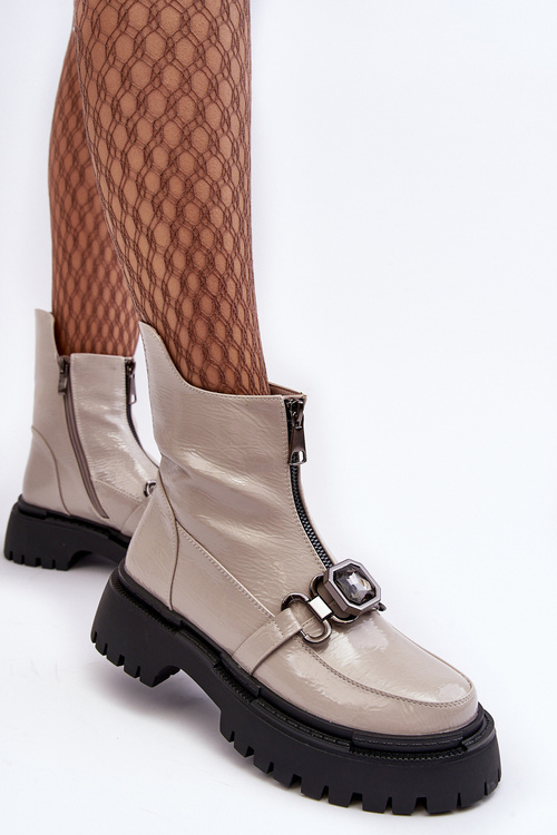 Dámské lakové boty na zip D&A MR870-94 Světle šedá