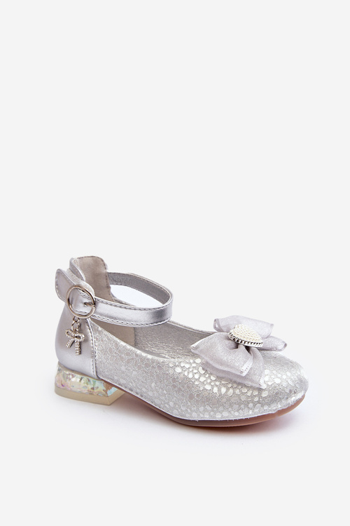 Dětské balerínky s mašlí stříbrné Nanthea