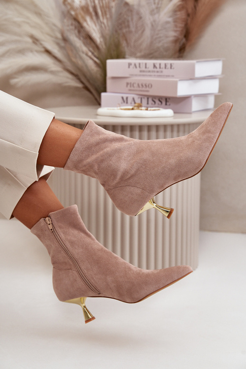 Dámske Čižmy Na Opätku Eko Semišové S Špicatými Nosmi Béžové Irithare