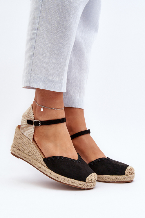 Zamszové sandály espadrilky na klínové podrážce s pletením černé Raylin