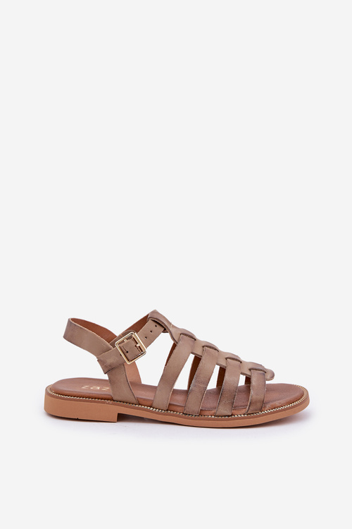 Kožené sandály na plochém podpatku tmavě béžové Zazoo 3686