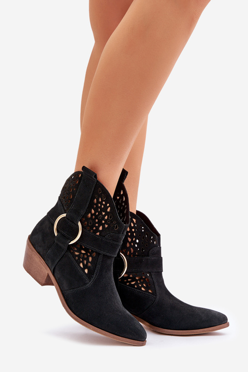 Semišové Kotníkové Boty Kovářské S Otevřením Na Podpatku Černé Zazoo 2994