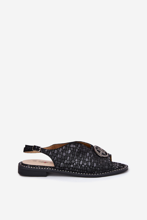 Kožené sandále na plochom podpätku s ozdobou S.Barski KV51-094 čierne