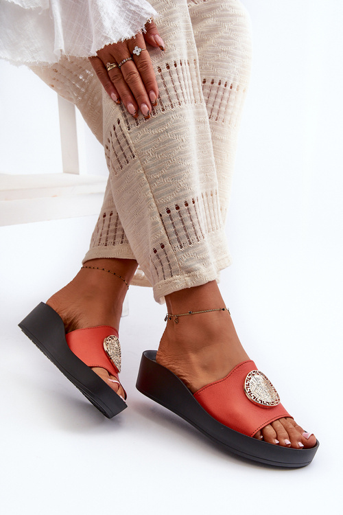 Zazoo 2920 Kožené Dámské Žabky na Korkové Podrážce s Zlatým Detailom Oranžové