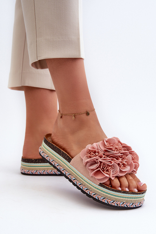 Dámské platformové sandály zdobené květy růžové Nodina