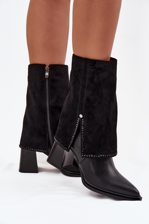 Kožené dámske členkové topánky na podpätku s preklopenou špičkou vyhrievané Maciejka K7206-01 Čierne