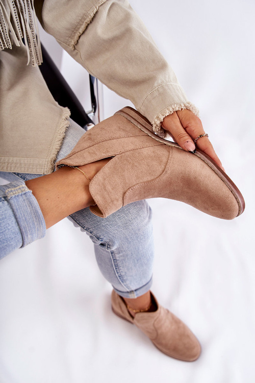 Semišové Kozačky S Výřezy Na Plochém Podpatku Béžové Henriette