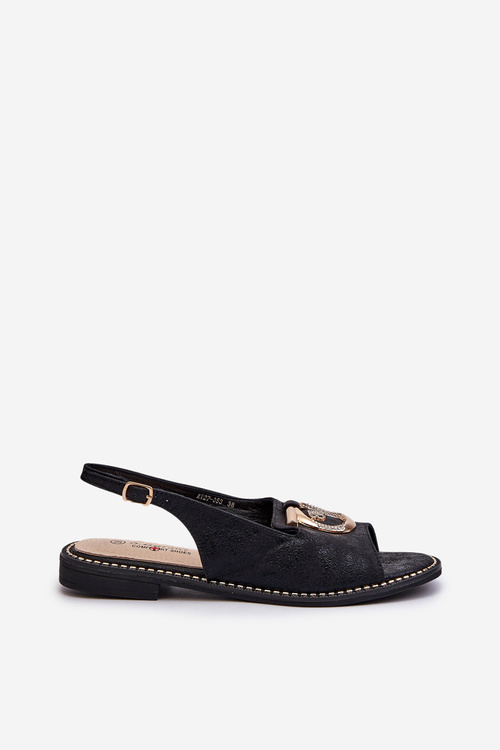 Elegantní Dámské Sandály S Zlatou Ozdobou Na Plochém Podpatku Černé S.Barski KV27-053