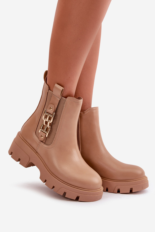 Zateplené dámske topánky z eko kože so zlatou dekoráciou béžové Erivianes