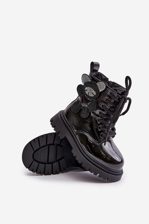 Zateplené dívčí botky s medvídkem na zip lakované černé Relobia