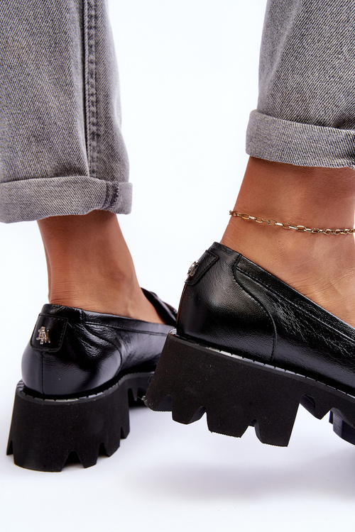 Dámské kůže polobotky Loafersy s ozdobou černá Lyndani