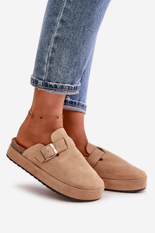 Dámské Pantofle Na Platformě Se Zlatou Sponou Tmavě Béžové Terilaina