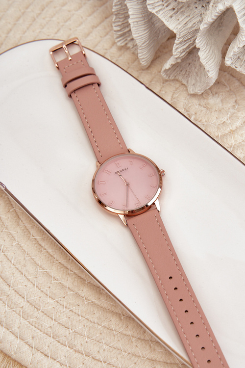 Dámske kožené analogové hodinky bez niklu Ernest ružové E94195