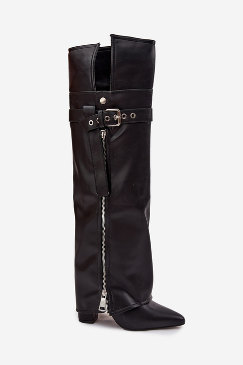 Zateplené dámske čižmy nad kolenom na opätku s pásikom sponou a strieborným zipsom Čierne Reisa