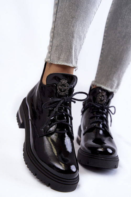 Zazoo 60309 Dámské Lakované Botky Na Plochém Podpatku Černé