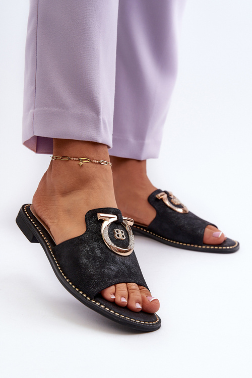 Elegantní lesklé dámské žabky s ozdobou S.Barski KV27-032 černé