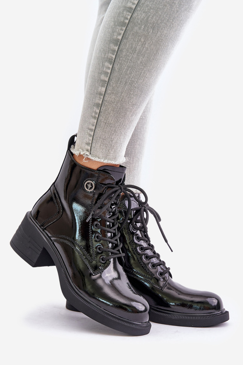 Kožené Lakované Čižmy Na Bloku Zateplené D&A JC42-78 Čierne