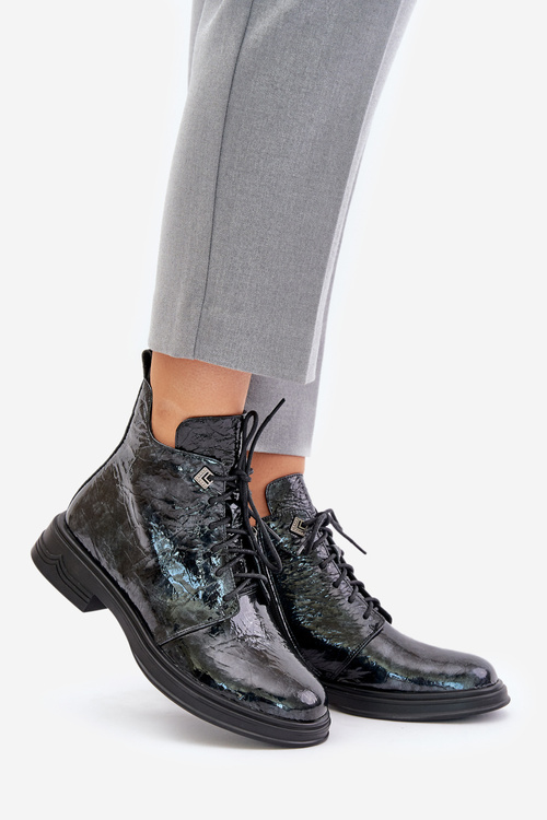 Kožené Lakované Dámske Čižmy Zateplené Na Zips D&A LZ42-042 Čierno-Šedé