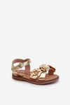 Detské sandálky zdobené kvetmi s uzatváraním na suchý zips, zlaté Fagossa