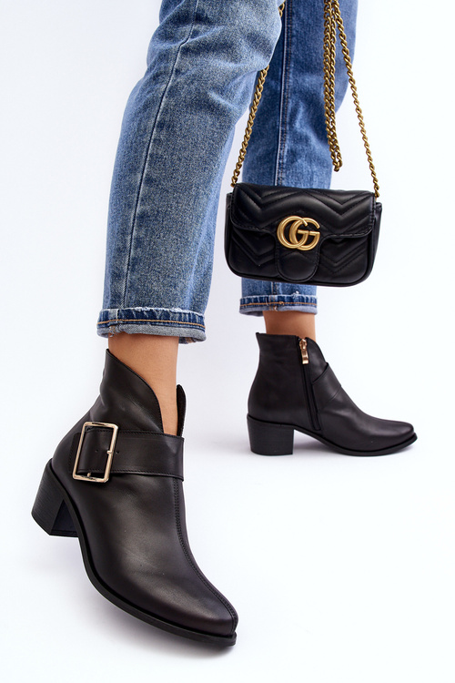 Dámské kožené botky na nízkém sloupku se sponou černé Liliane