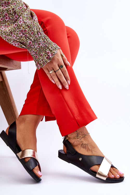 Zazoo 40141 Kožené sandály na suchý zip Černo-zlaté