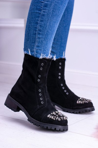 Lu Boo | Czarne Damskie Botki Za Kostkę Cyrkonie Zamsz Carrie