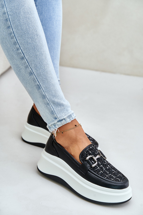 Kožené Dámské Mokasíny Na Platformě S Dekorací Černé Vinceza 89105