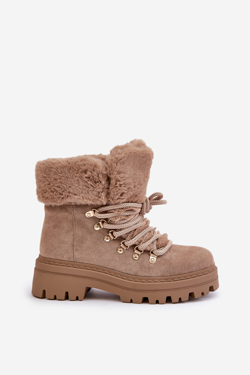 Dámske Šnurovacie Topánky S Kožušinou Tmavobéžové Vaminia
