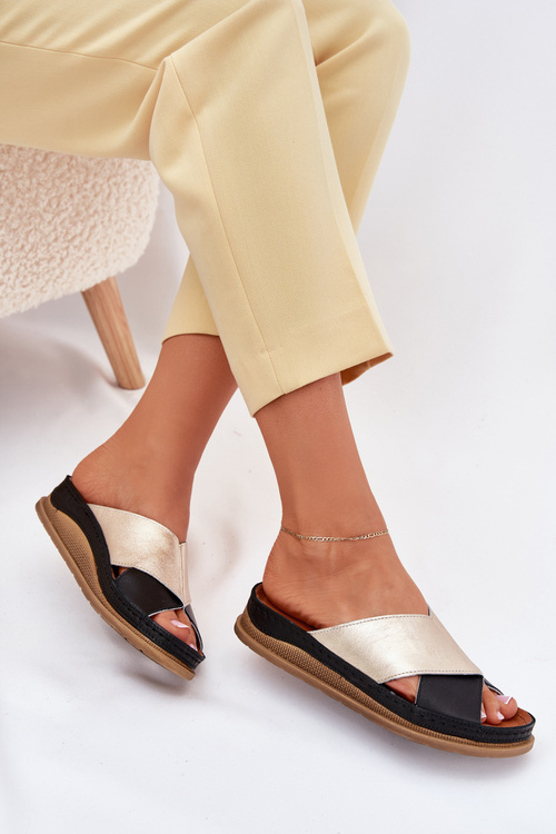 Dámské Kožené Sandály Na Platformě Maciejka L4986-25 Zlaté-Černé