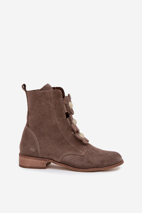 Semišové dámske členkové topánky s ozdobnými kvetmi Zazoo 3085 tmavobéžové