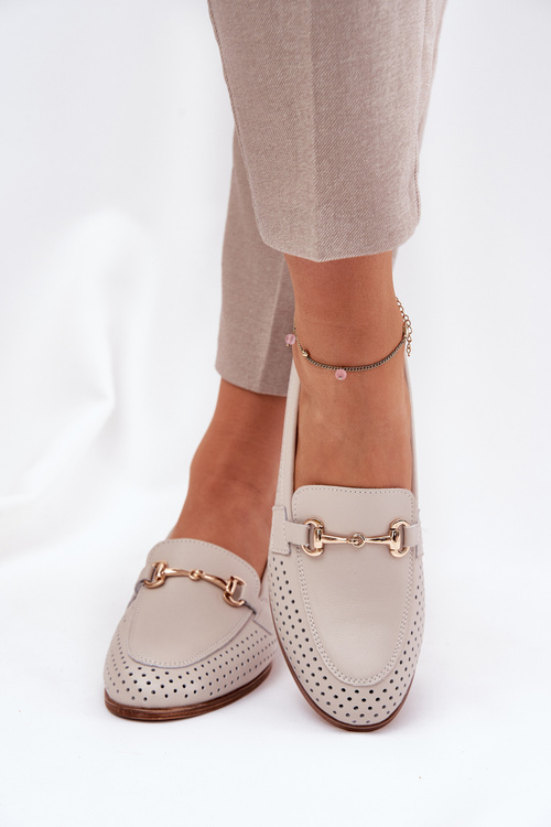 Kožené Dámske Mokasíny S Dekoráciou Na Plochéj Päte Béžové S.Barski LR51-588