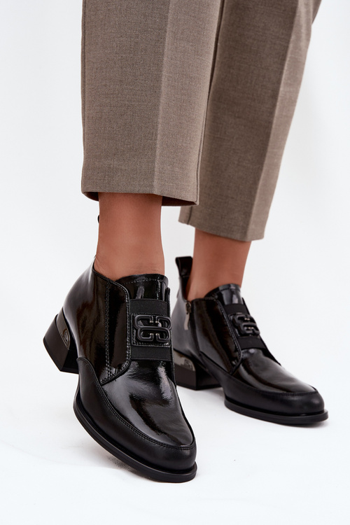 Lakované kožené dámské polobotky na nízkém podpatku s ozdobným detailem Vinceza 91161 Černé